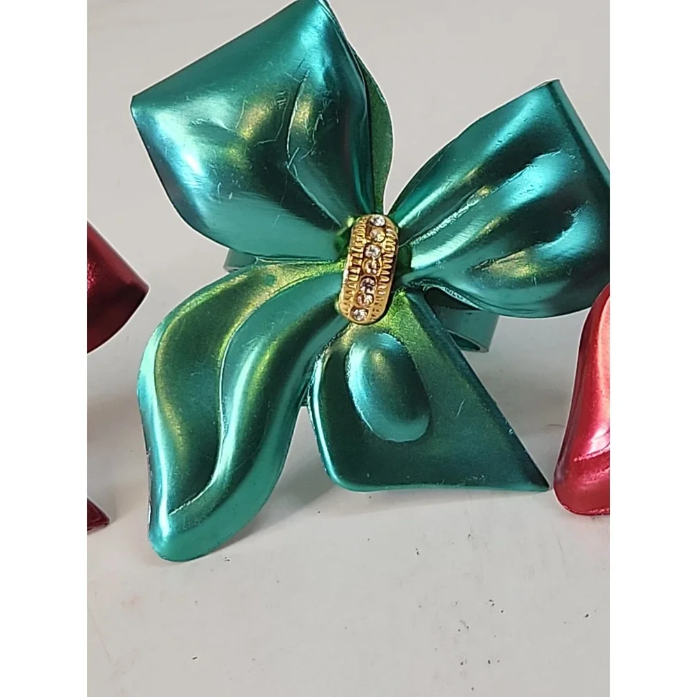 Vintage Metallic Metal Bow Napkin Rings Red Teal Mid Century Retro Set of 4